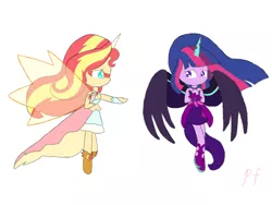 Size: 1080x810 | Tagged: safe, artist:pink flame, derpibooru import, sci-twi, sunset shimmer, twilight sparkle, equestria girls, friendship games, artificial wings, augmented, daydream shimmer, helping, magic, magic wings, midnight sparkle, scared, scene interpretation, wings