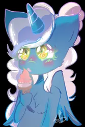 Size: 540x806 | Tagged: safe, artist:qamarun, derpibooru import, oc, oc:fleurbelle, alicorn, anthro, adorabelle, alicorn oc, bow, chest fluff, cute, female, food, hair bow, hand, horn, ice cream, licking, mare, tongue out, wingding eyes, wings, yellow eyes