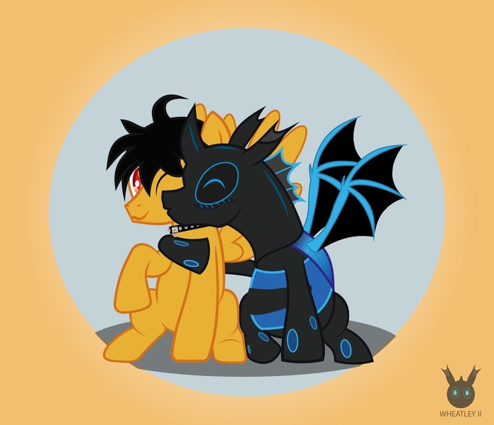 Size: 1280x1104 | Tagged: artist:101dsz, artist:wheatley r.h., automata, bat wings, blue blush, blue changeling, blushing, changeling, changeling oc, derpibooru import, happy, happy birthday, honeypot changeling, kissing, kiss on the cheek, oc, oc:rito, oc:wheatley ii, oc:w. rhinestone eyes, pegasus, pegasus oc, safe, simple background, spread wings, unofficial characters only, vector, watermark, wings