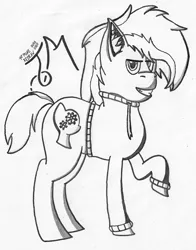 Size: 1673x2133 | Tagged: safe, artist:toli mintdrop, derpibooru import, oc, oc:blue gear, earth pony, pony, clothes, fullbody, hoodie, lineart, redraw, solo, traditional art, wip