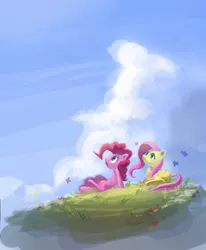Size: 1250x1517 | Tagged: safe, artist:nendo, derpibooru import, fluttershy, pinkie pie, butterfly, earth pony, pegasus, pony, cloud, duo, female, floating island, folded wings, looking away, looking up, mare, open mouth, outdoors, prone, sitting, sky, smiling, wings