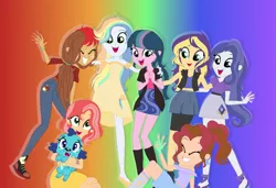 Size: 1078x738 | Tagged: safe, artist:cookiechans2, artist:hieze, derpibooru import, oc, unofficial characters only, dog, equestria girls, base used, belt, clothes, dress, female, fingerless gloves, freckles, gloves, gradient background, jacket, midriff, multicolored hair, next generation, off shoulder, offspring, parent:applejack, parent:big macintosh, parent:caramel, parent:cheese sandwich, parent:fancypants, parent:flash sentry, parent:fluttershy, parent:pinkie pie, parent:rainbow dash, parent:rarity, parent:soarin', parent:sunset shimmer, parent:timber spruce, parent:twilight sparkle, parents:carajack, parents:cheesepie, parents:flashimmer, parents:fluttermac, parents:raripants, parents:soarindash, parents:timbertwi, rainbow background, rainbow hair, shirt, shoes, shorts, skirt