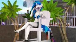 Size: 1920x1080 | Tagged: 3d, anthro, artist:gr-vinyl-scratch, barefoot, beach, bikini, breasts, chair, clothes, derpibooru import, feet, female, lifeguard, looking at you, safe, sandals, source filmmaker, swimsuit, umbrella, vinyl scratch