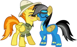 Size: 7000x4294 | Tagged: safe, artist:n0kkun, derpibooru import, daring do, spitfire, pegasus, pony, bedroom eyes, blushing, clothes, clothes swap, daringfire, eyes closed, female, goggles, hat, kissing, lesbian, mare, raised hoof, shipping, shirt, simple background, transparent background, uniform, wonderbolts, wonderbolts uniform