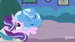 Size: 3151x1772 | Tagged: safe, artist:gutovi, derpibooru import, starlight glimmer, trixie, pony, accelero, ah yes me my girlfriend and her x, bed, blanket, clone, cuddling, exploitable meme, female, females only, hug, lesbian, meme, meta, multeity, narcissism, picture frame, pillow, self ponidox, selfcest, shipping, similo duplexis, starlight's room, startrix, trixtrix