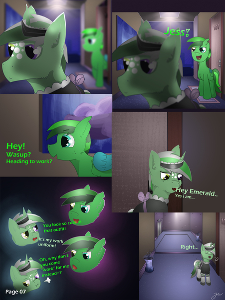 Size: 2600x3462 | Tagged: safe, artist:jesterpi, derpibooru import, oc, oc:jester pi, oc:shining emerald, pony, comic:a jester's tale, chatting, city, clothes, comic, elevator, evening, hall, heading out, hotel, maid, manehattan, night