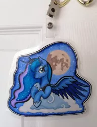Size: 3504x4560 | Tagged: safe, artist:serenepony, deleted from derpibooru, derpibooru import, princess luna, alicorn, pony, badge, cloud, con badge, convention badge, female, jewelry, looking at you, mare, moon, night, photo, regalia, solo, spread wings, stars, traditional art, wings