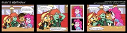Size: 3950x1050 | Tagged: safe, artist:graytyphoon, colorist:scarletsabre, derpibooru import, pinkie pie, sunset shimmer, oc, oc:copper plume, oc:ruby sword, equestria girls, angry, canon x oc, colored, comic, copperpie, female, male, shipping, straight, sunsword