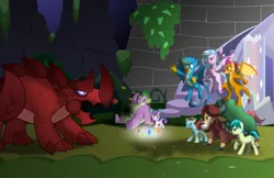 Size: 1280x829 | Tagged: safe, artist:aleximusprime, derpibooru import, gallus, ocellus, princess flurry heart, sandbar, silverstream, smolder, spike, tree of harmony, yona, oc, oc:general scutellum, alicorn, changeling, dragon, earth pony, gryphon, hippogriff, pony, yak, flurry heart's story, angry, battle ready, big chungus spike, castle of the royal pony sisters, determined, element of generosity, element of honesty, element of kindness, element of laughter, element of loyalty, element of magic, elements assemble, elements of harmony, gritting teeth, group, monster, new elements of harmony, red rhino, shards, textless, the red beast