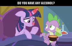 Size: 1532x994 | Tagged: safe, artist:titus16s, derpibooru import, edit, edited screencap, screencap, spike, twilight sparkle, twilight sparkle (alicorn), alicorn, dragon, pony, ail-icorn, spoiler:interseason shorts, bed, caption, duo, food, horn, image macro, meme, red nosed, sick, sicklight sparkle, soup, swollen horn, text, winged spike