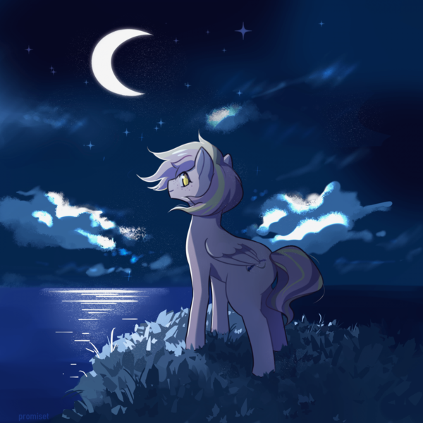Size: 1920x1920 | Tagged: safe, artist:promiset, derpibooru import, oc, oc:lavender whisper, unofficial characters only, pegasus, pony, crescent moon, freckles, looking back, male, moon, night, night sky, overlooking, sky, water