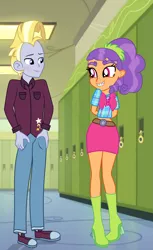 Size: 2137x3497 | Tagged: safe, artist:gmaplay, artist:sparkling-sunset-s08, derpibooru import, edit, plaid stripes, star tracker, equestria girls, once upon a zeppelin, the saddle row review, blushing, boots, braces, canterlot high, clothes, equestria girls-ified, female, hallway, high heel boots, lockers, male, midriff, shipping, shoes, show accurate, skirt, sneakers, starstripes, straight