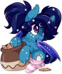 Size: 1000x1191 | Tagged: safe, artist:loyaldis, derpibooru import, oc, oc:eclipsa, bat pony, bat wings, caught, chest fluff, clothes, cookie, cookie jar, cute, daaaaaaaaaaaw, ear fluff, fangs, food, moon, ocbetes, simple background, socks, stars, striped socks, transparent background, uh oh, wings