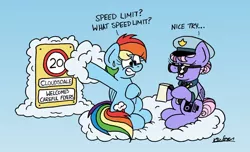 Size: 1024x621 | Tagged: safe, artist:bobthedalek, derpibooru import, rainbow dash, oc, pegasus, pony, atg 2020, clothes, cloud, cloudsdale, hat, necktie, newbie artist training grounds, police, police uniform, shirt, sign, speeding, speeding ticket, sunglasses, sweat, sweatdrop, unamused