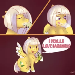 Size: 2183x2173 | Tagged: suggestive, artist:lechu-zaz, derpibooru import, oc, oc:sweet banana, unofficial characters only, pegasus, pony, banana, comic, commission, eating, female, food, freckles, licking, licking lips, mare, markings, open mouth, raised hoof, salivating, sitting, suggestive eating, tongue out, ych result