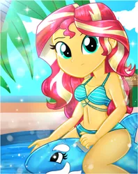 Size: 1900x2398 | Tagged: safe, artist:artmlpk, derpibooru import, sunset shimmer, equestria girls, adorable face, adorasexy, adorkable, bare chest, bare shoulders, beach, beautiful, bikini, clothes, confused, cute, digital art, dork, floaty, inflatable, inflatable toy, looking at you, palm tree, pool toy, riding, sexy, shimmerbetes, sleeveless, solo, summer, sunflare, swimming pool, swimsuit, tree, water, watermark