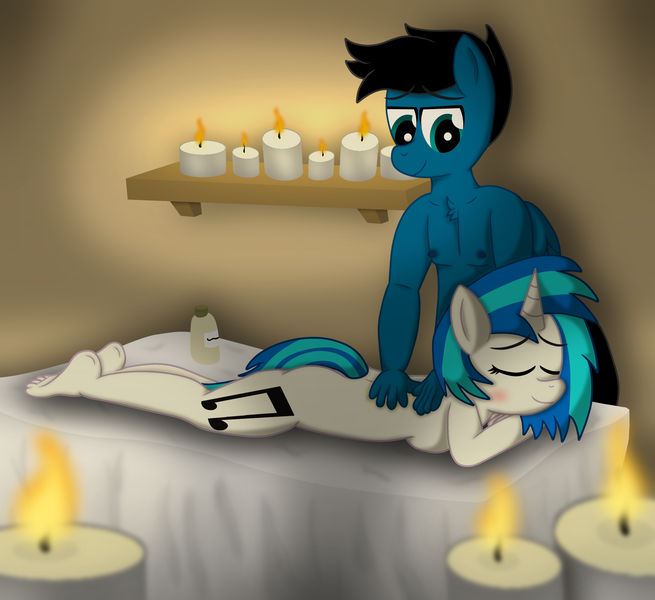 Size: 7200x6600 | Tagged: questionable, artist:agkandphotomaker2000, derpibooru import, vinyl scratch, oc, oc:pony video maker, anthro, pegasus, plantigrade anthro, unicorn, breasts, candle, canon x oc, chest, chest fluff, female, male, massage, massage oil, nudity, relaxed, relaxed face, shelf, shipping, sideboob, straight, videoscratch