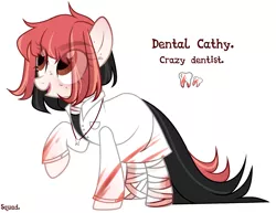 Size: 2649x2045 | Tagged: semi-grimdark, artist:bad_trip, derpibooru import, oc, oc:dental cathy, unofficial characters only, earth pony, pony, bandage, blood, blushing, clothes, coat, dentist, female, freckles, jewelry, mare, necklace, open mouth, raised hoof, shirt, simple background, solo, t-shirt, teeth, tooth, white background