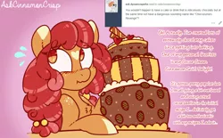 Size: 1150x712 | Tagged: safe, artist:esmeia, derpibooru import, oc, oc:cinnamon crisp, earth pony, pony, ask, cake, earth pony oc, female, food, mare, solo, tumblr