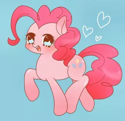 Size: 1024x995 | Tagged: safe, artist:yukutamil, derpibooru import, pinkie pie, earth pony, pony, blue background, cute, diapinkes, female, heart, looking at you, mare, open mouth, simple background, smiling, smiling pinkie pie tolts left, solo