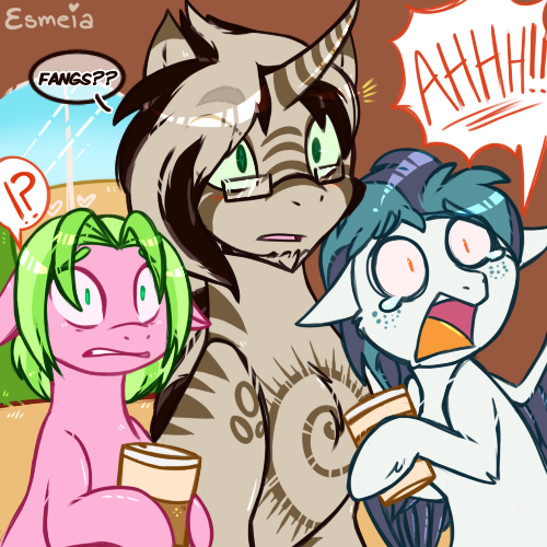 Size: 500x500 | Tagged: safe, artist:esmeia, derpibooru import, oc, oc:mkali, unofficial characters only, earth pony, pegasus, pony, zebra, zebracorn, bust, cup, earth pony oc, female, glasses, male, mare, open mouth, pegasus oc, scared, smiling, stallion, surprised, talking, white eyes, wings