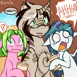 Size: 500x500 | Tagged: safe, artist:esmeia, derpibooru import, oc, oc:mkali, unofficial characters only, earth pony, pegasus, pony, zebra, zebracorn, bust, cup, earth pony oc, female, glasses, male, mare, open mouth, pegasus oc, scared, smiling, stallion, surprised, talking, white eyes, wings