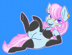 Size: 1018x775 | Tagged: safe, artist:esmeia, derpibooru import, oc, oc:shortstack, unofficial characters only, earth pony, pony, bedroom eyes, blue background, clothes, ear piercing, earth pony oc, female, glasses, latex, latex socks, mare, open mouth, piercing, raised hoof, raised leg, simple background, smiling, socks, solo, underhoof