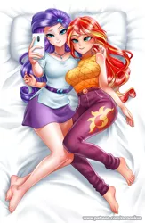 Size: 915x1400 | Tagged: safe, artist:racoonsan, derpibooru import, rarity, sunset shimmer, equestria girls, anime, barefoot, beautiful, bed, bedroom eyes, belt, blushing, breasts, clothes, duo, eyeshadow, feet, female, geode of shielding, human coloration, lesbian, magical geodes, makeup, mobile phone, music festival outfit, nail polish, pants, phone, pillow, selfie, shipping, shirt, skirt, smartphone, sunsarity, tanktop