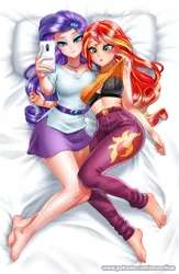Size: 915x1400 | Tagged: suggestive, artist:racoonsan, derpibooru import, rarity, sunset shimmer, human, equestria girls, :o, anime, assisted exposure, barefoot, bed, bedroom eyes, belt, black bra, black underwear, blushing, bra, breasts, clothes, duo, duo female, eyeshadow, feet, female, geode of shielding, humanized, legs, lesbian, magical geodes, makeup, music festival outfit, nail polish, open mouth, pants, phone, pillow, selfie, sexy, shipping, shirt, shirt lift, skirt, sunsarity, tanktop, underwear