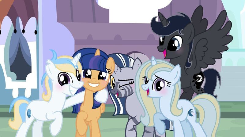 Size: 1280x718 | Tagged: safe, artist:mylittlespider139, derpibooru import, oc, oc:illusion, oc:lunula, oc:moonlight, oc:sapphire, oc:star rise, alicorn, hybrid, unicorn, zebra, alicorn oc, canterlot, horn, offspring, parent:flash sentry, parent:king sombra, parent:prince blueblood, parent:princess luna, parent:trixie, parent:twilight sparkle, parent:zecora, parents:bluetrix, parents:flashlight, parents:lumbra, unicorn oc, wings, zebra oc, zebra unicorn