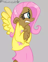 Size: 619x800 | Tagged: artist:mirabuncupcakes15, clothes, dark skin, derpibooru import, female, fluttershy, gray background, human, humanized, safe, scared, shirt, simple background, skirt, solo, winged humanization, wings