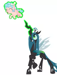 Size: 1536x2048 | Tagged: safe, artist:princessdestiny200i, derpibooru import, cozy glow, queen chrysalis, pegasus, pony, cozybetes, cute, female, filly, freckles, glowing horn, grin, horn, levitation, magic, open mouth, raised hoof, simple background, smiling, telekinesis, tickle torture, tickling, white background