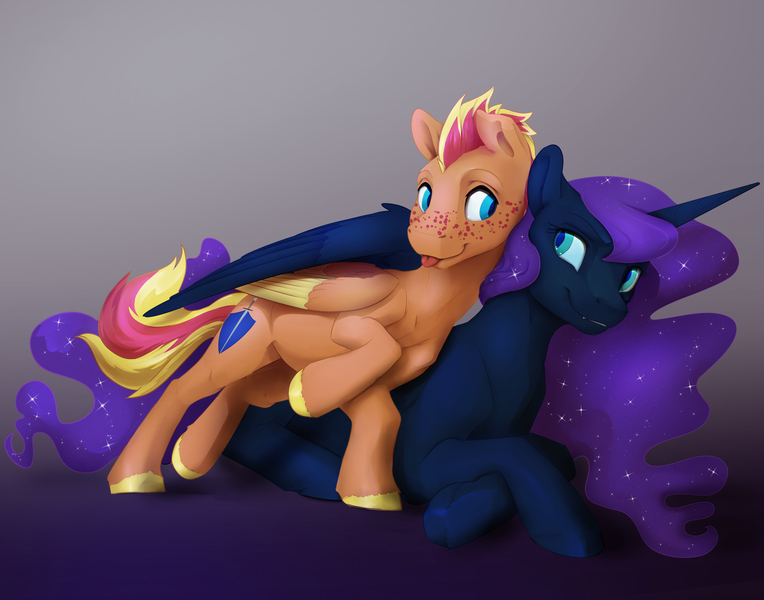 Size: 4200x3300 | Tagged: safe, artist:silfoe, derpibooru import, nightmare moon, oc, oc:fireheart, alicorn, pegasus, pony, adopted offspring, adorkable, commission, cuddling, cute, dork, freckles, hug, motherly love, silfoe is trying to murder us, tongue out, wholesome, winghug