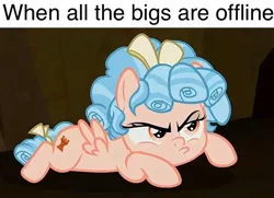 Size: 656x474 | Tagged: angry, caption, cozybetes, cozy glow, cozy glow is not amused, cropped, cute, derpibooru import, edit, edited screencap, female, filly, frenemies (episode), image macro, implied diaper fetish, madorable, meme, pegasus, pouting, pouty, pouty lips, prone, safe, screencap, solo, text