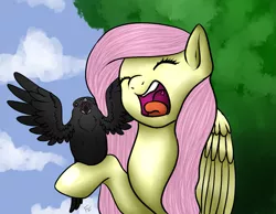 Size: 1365x1061 | Tagged: safe, artist:ponykittenboi, derpibooru import, fluttershy, bird, crow, pegasus, pony, caw, cloud, eyes closed, female, mare, open mouth, raised hoof, singing, spread wings, tongue out, tree, uvula, wings