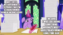 Size: 888x499 | Tagged: safe, derpibooru import, edit, edited screencap, screencap, twilight sparkle, twilight sparkle (alicorn), alicorn, pony, once upon a zeppelin, caption, female, floppy ears, grammar error, image macro, magic, mare, meme, paper, quill, solo, telekinesis, text, transformers, writing