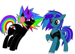 Size: 856x616 | Tagged: safe, artist:rikastormfeldthefox, derpibooru import, oc, oc:destiny, oc:rainbow crack, unofficial characters only, pony, unicorn, :p, clothes, derp, duo, female, headphones, horn, male, mare, multicolored hair, rainbow hair, raised hoof, simple background, stallion, tongue out, unicorn oc, white background