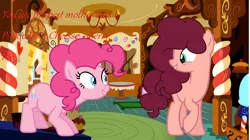 Size: 1280x718 | Tagged: safe, artist:estrellasentry, derpibooru import, pinkie pie, oc, oc:cherry pie, earth pony, earth pony oc, female, mother and child, mother and daughter, offspring, parent:cheese sandwich, parent:pinkie pie, parents:cheesepie, sugarcube corner