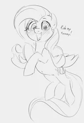 Size: 576x844 | Tagged: safe, artist:dotkwa, derpibooru import, fluttershy, pegasus, pony, blushing, cute, dialogue, female, flying, gray background, happy, imminent belly rub, looking at you, monochrome, open mouth, shyabetes, simple background, smiling, solo, talking, talking to viewer