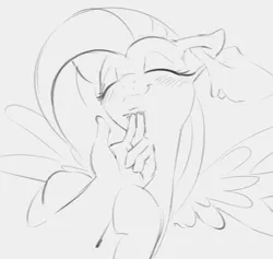 Size: 729x690 | Tagged: safe, artist:dotkwa, derpibooru import, fluttershy, human, pegasus, pony, :3, blushing, bust, chin scratch, cute, disembodied hand, ear rub, ear scratch, female, gray background, hand, happy, human on pony petting, human on pony snuggling, monochrome, petting, scratching, shyabetes, simple background, smiling, snuggling, spread wings, wings