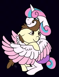 Size: 883x1153 | Tagged: safe, artist:ponykittenboi, derpibooru import, pound cake, princess flurry heart, alicorn, pegasus, pony, baby, baby pony, black background, colored, colt, cuddling, female, filly, flat colors, foal, hug, male, poundflurry, shipping, simple background, straight, wings