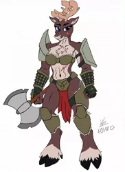 Size: 931x1280 | Tagged: abs, amazon, anthro, armor, artist:vesperce, axe, backstory in description, barbarian, breasts, caribou, derpibooru import, digital art, fall of equestria, fantasy class, female, implied rape, implied slavery, midriff, oc, oc:angi, scar, semi-grimdark, solo, solo female, suggestive, unconvincing armor, unguligrade anthro, warrior, weapon