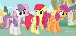 Size: 1163x555 | Tagged: safe, artist:wispyaxolotl, derpibooru import, apple bloom, scootaloo, sweetie belle, earth pony, pegasus, unicorn, cutie mark crusaders, older, older apple bloom, older scootaloo, older sweetie belle, ponyville, trio