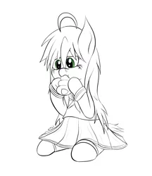 Size: 2924x3386 | Tagged: safe, artist:wapamario63, derpibooru import, ponified, earth pony, pony, chornette, clothes, cute, eating, female, food, izumi konata, lineart, lucky star, mare, request, school uniform, sitting, skirt, solo