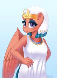 Size: 1280x1749 | Tagged: safe, artist:puetsua, derpibooru import, somnambula, anthro, pegasus, animal crossing, animal crossing: new horizons, clothes, egyptian, egyptian pony, female, gradient background, looking at you, mare, palatial tank dress, simple background, solo