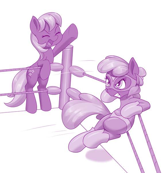 Size: 1280x1361 | Tagged: safe, artist:dstears, derpibooru import, idw, cheerilee, cherry blossom (idw), earth pony, pony, digital art, female, flower, flower blossom, mare, monochrome, siblings, sisters, sports, twins, wrestling, wrestling ring