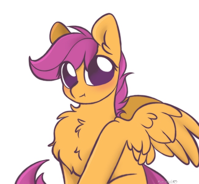 Size: 2010x1854 | Tagged: safe, artist:mariashapony, artist:mariashek, derpibooru import, scootaloo, pegasus, pony, :t, blushing, chest fluff, cute, cutealoo, ear fluff, eye clipping through hair, female, filly, fluffy, g4, image, jpeg, looking at you, no pupils, simple background, sitting, solo, spread wings, white background, wing fluff, wings