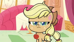 Size: 1920x1080 | Tagged: safe, derpibooru import, screencap, applejack, earth pony, pony, my little pony: pony life, the trail less trotten, spoiler:pony life s01e07, apple, applejack is not amused, female, food, frown, glare, grumpy, looking at you, mare, narrowed eyes, solo, unamused