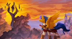 Size: 1988x1080 | Tagged: safe, artist:margony, derpibooru import, oc, oc:crushingvictory, unofficial characters only, pegasus, pony, castle, clothes, male, pegasus oc, smiling, spread wings, stallion, sunset, sword, weapon, wings