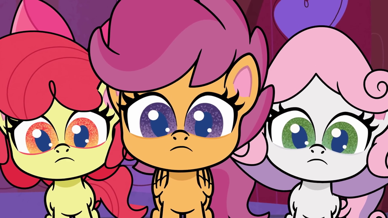 Size: 1920x1080 | Tagged: safe, derpibooru import, screencap, apple bloom, scootaloo, sweetie belle, earth pony, pegasus, pony, unicorn, my little pony: pony life, animation error, female, filly, missing horn, trio